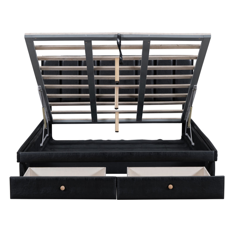 Queen Size Upholstered Bed with Hydraulic Storage System and Drawer, Black