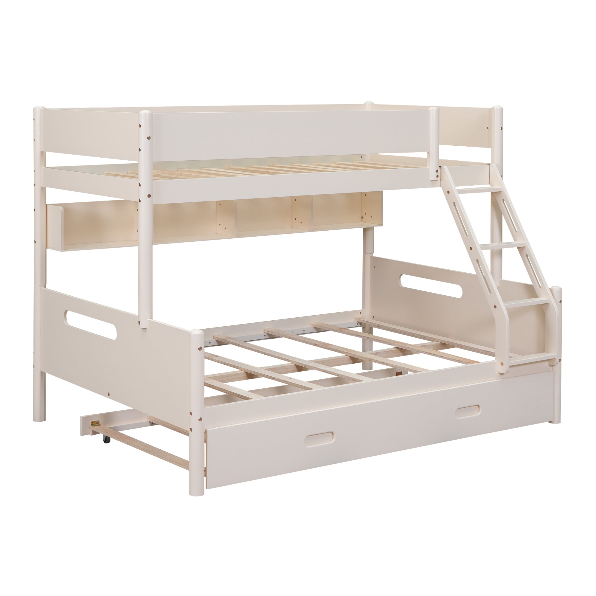 Wood Twin over Full Bunk Bed with Storage Shelves and Twin Size Trundle, Cream - Atlantic Fine Furniture Melbourne FL