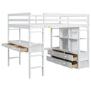 Full Size Loft Bed With Built In Desk, 2 Drawers, Storage Shelves - White