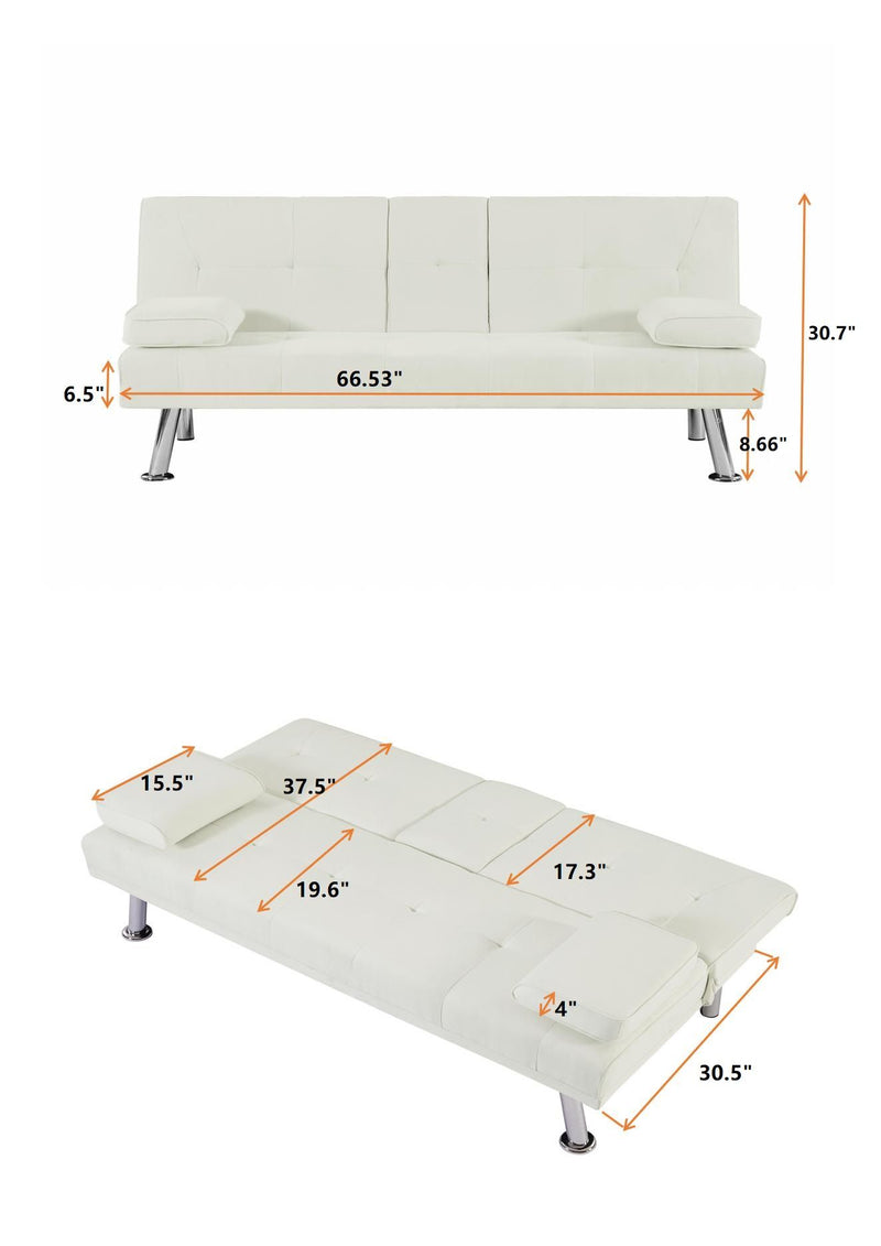 Upholstered Modern Convertible Folding Futon Sofa Bed For Compact Living Space, Apartment, Dorm / Removable Armrests, Metal Legs, 2 Cupholders