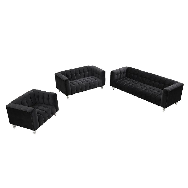 Modern 3 Piece Sofa Set With Solid Wood Legs, Buttoned Tufted Backrest, Dutch Fleece Upholstered Sofa Set Including Three Seater Sofa, Double Seat And Living Room Furniture Set Single Chair