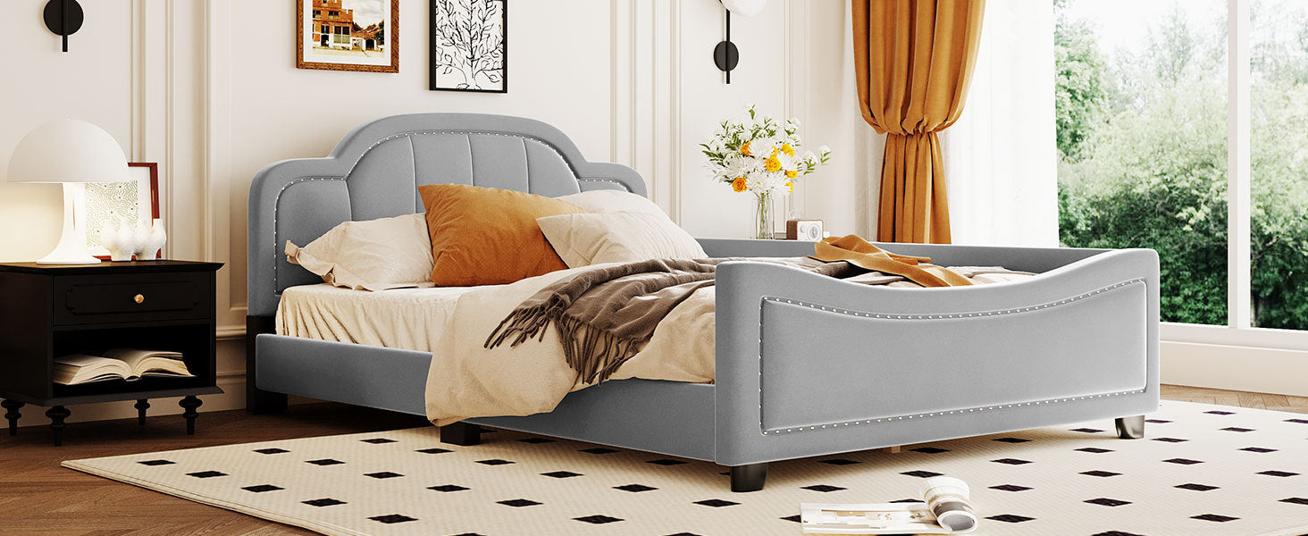 Full Size Upholstered Daybed with Cloud Shaped Headboard, Embedded Elegant Copper Nail Design, Gray - Atlantic Fine Furniture Melbourne FL