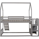 Twin over Twin House Bunk Bed with Convertible Slide,Storage Staircase can be Placed Left or Right,Gray