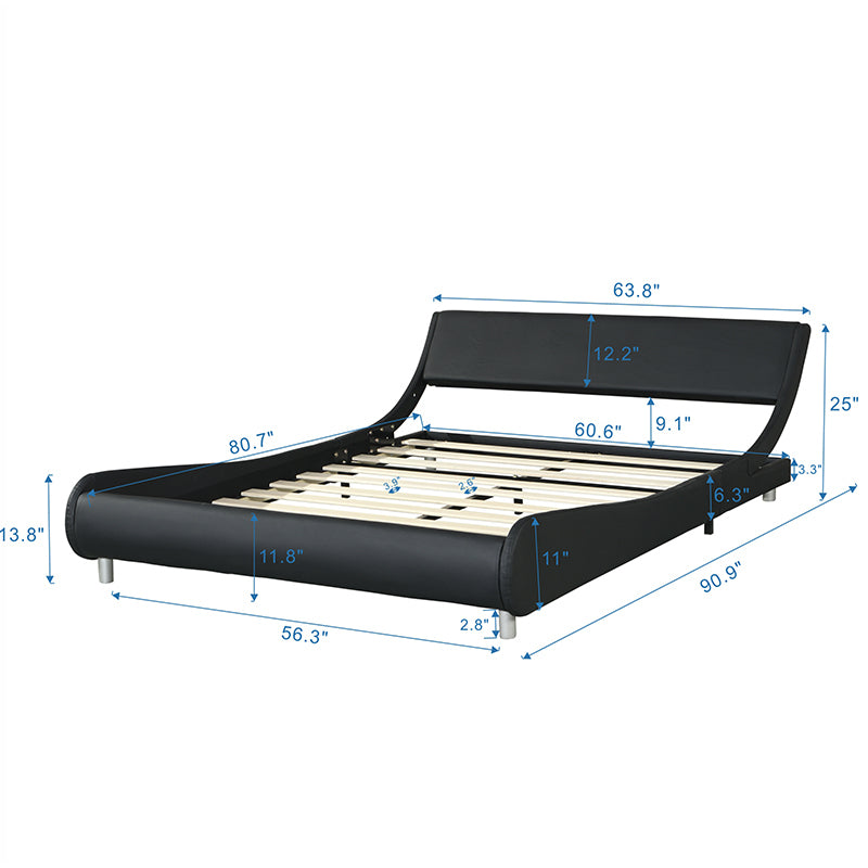 Faux Leather Upholstered Platform Bed Frame with led lighting , Curve Design, Wood Slat Support, No Box Spring Needed, Easy Assemble, Queen Size, Gray