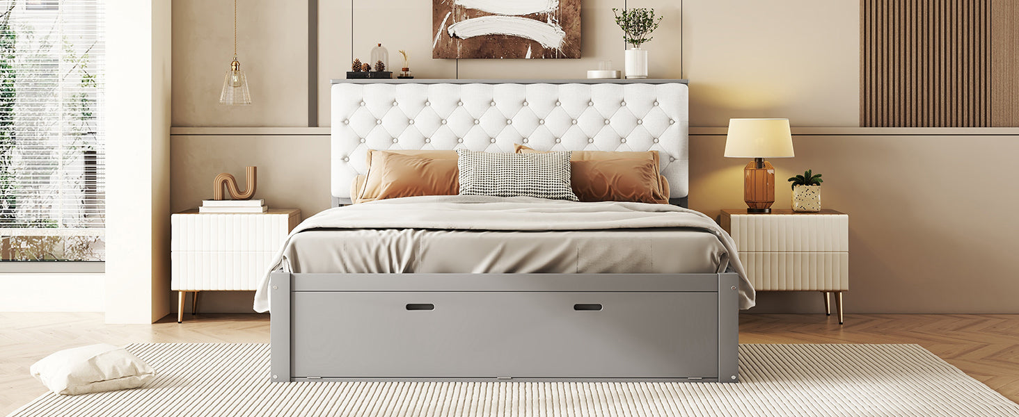 Wood Queen Size Platform Bed with Storage Headboard, shoe rack and 4 drawers,Gray - Atlantic Fine Furniture Melbourne FL