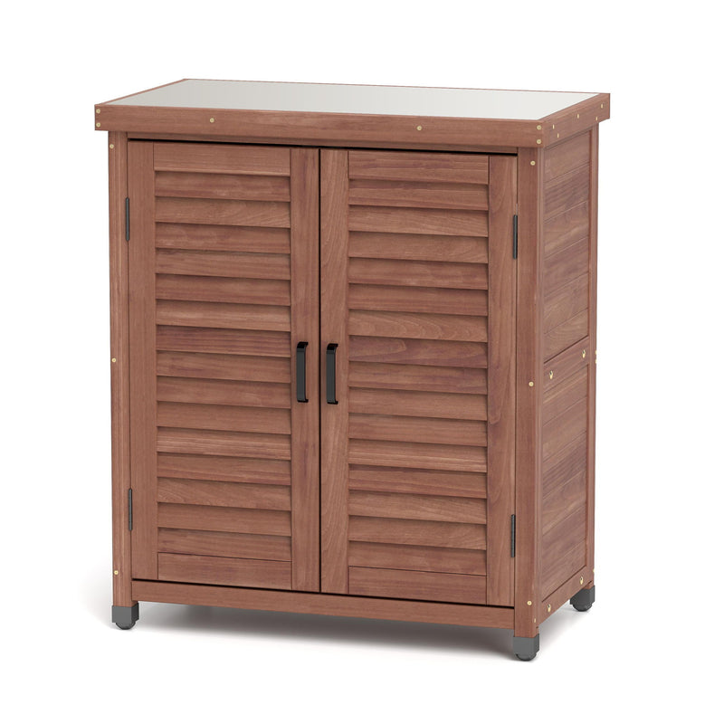 Potting Bench With Storage Cabinet And Metal Table Top For Outdoor