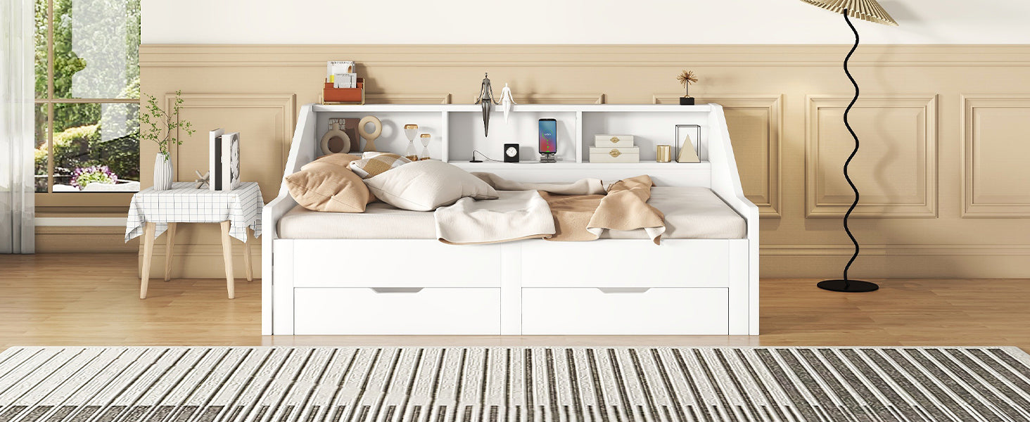 Twin to King Size Daybed Frame with Storage Bookcases and Two Drawers,Charging Design,White - Atlantic Fine Furniture Melbourne FL