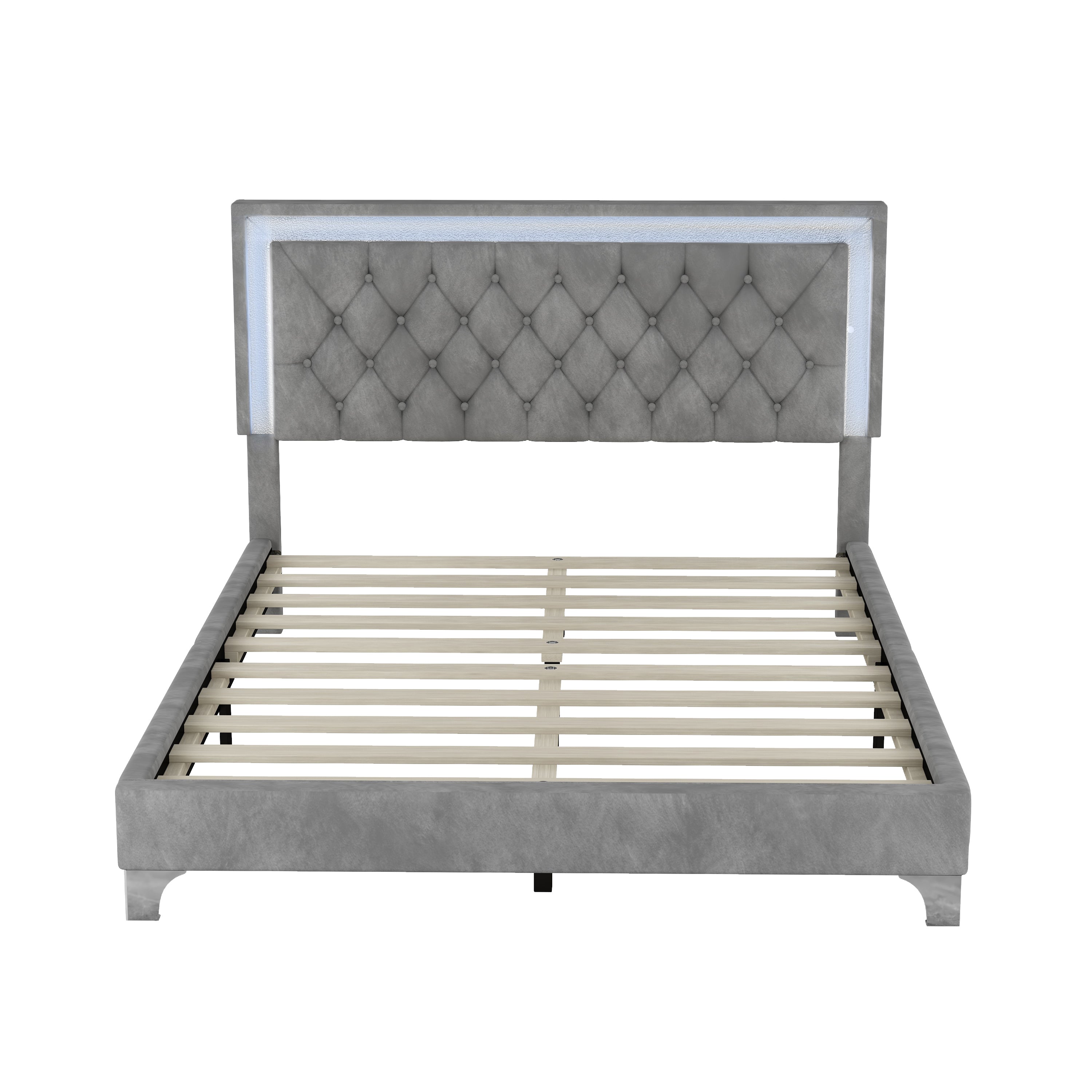 Queen Size Upholstered Bed Frame with LED Lights,Modern Velvet Platform Bed with Tufted Headboard,Gray - Atlantic Fine Furniture Melbourne FL