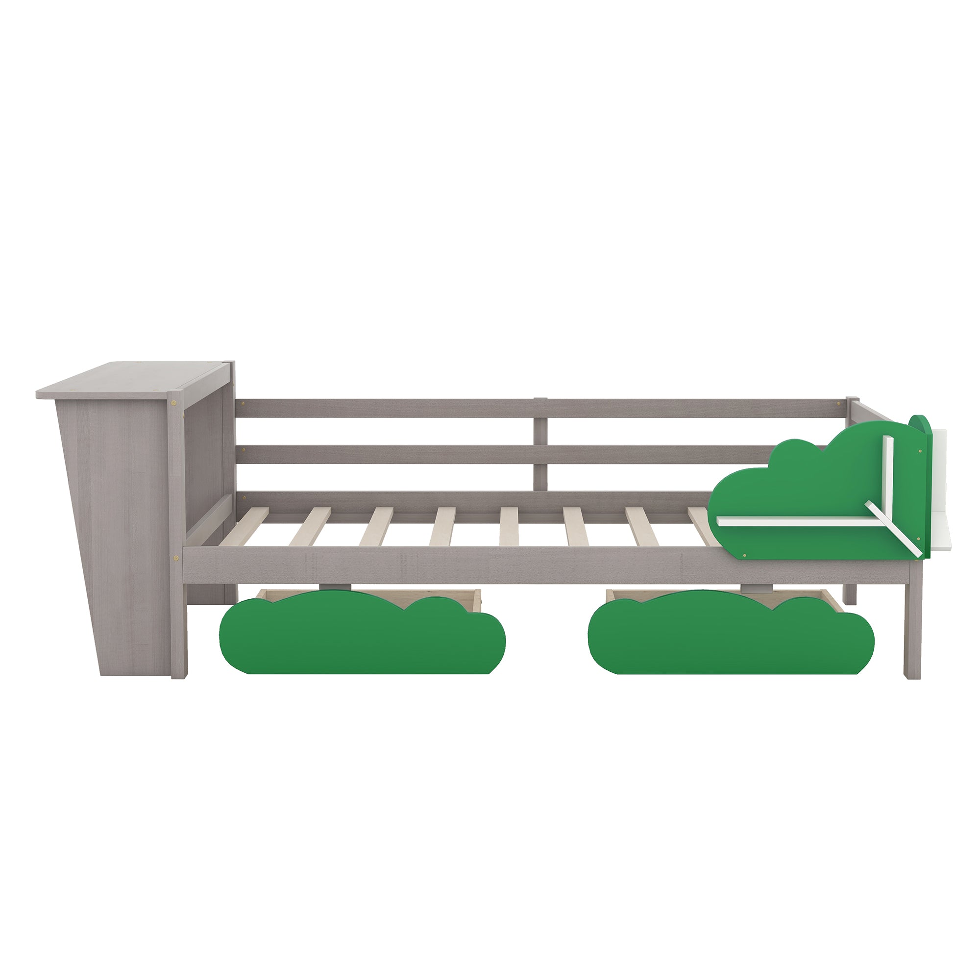 Twin Size Daybed with Desk, Green Leaf Shape Drawers and Shelves, Gray - Atlantic Fine Furniture Melbourne FL