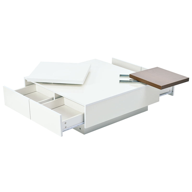 Movable Square Top Coffee Table With 4 Hidden Storage Drawers