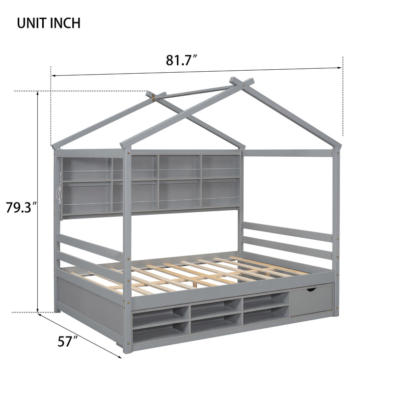 House Bed With Roof Frame, Bedside-Shelves, Under Bed Storage Unit