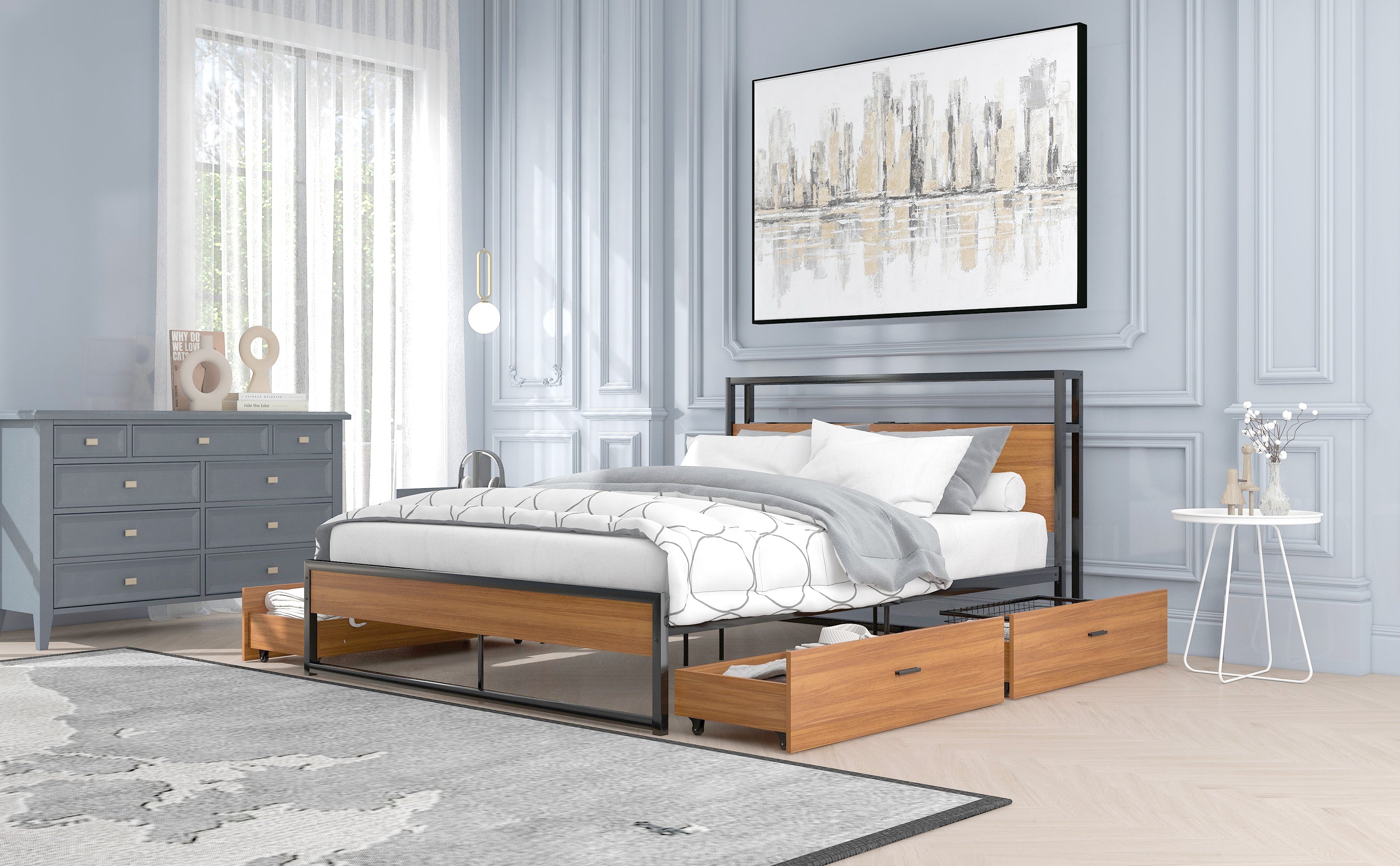 Full Size Metal Platform Bed Frame with  Four Drawers,Sockets and USB Ports ,Slat Support No Box Spring Needed Black - Atlantic Fine Furniture Melbourne FL