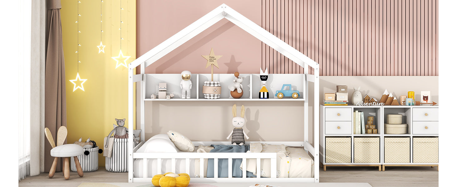 Wooden Twin Size House Bed with Storage Shelf,Kids Bed with Fence and Roof, White - Atlantic Fine Furniture Melbourne FL