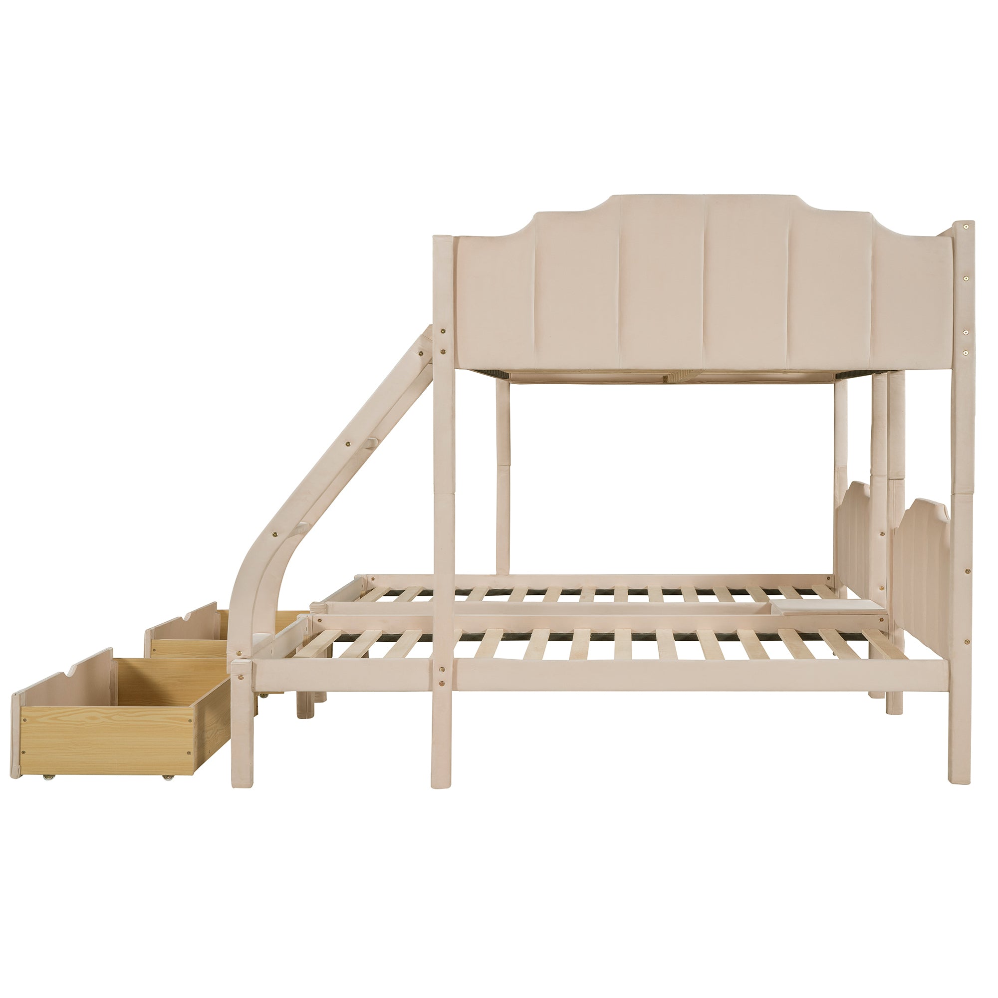 Full Over Twin & Twin Bunk Bed, Velvet Triple Bunk Bed with Drawers and Guardrails, Beige - Atlantic Fine Furniture Melbourne FL