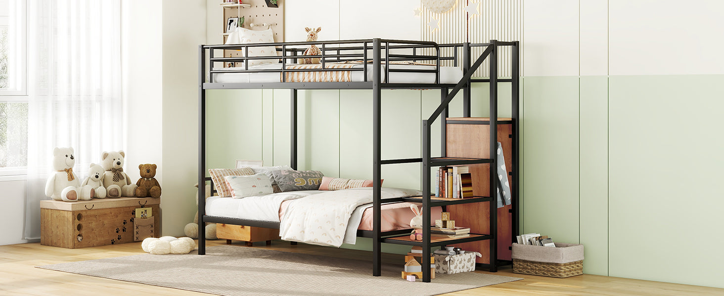 Twin Over Twin Metal Bunk Bed with Lateral Storage Ladder and Wardrobe, Black - Atlantic Fine Furniture Melbourne FL