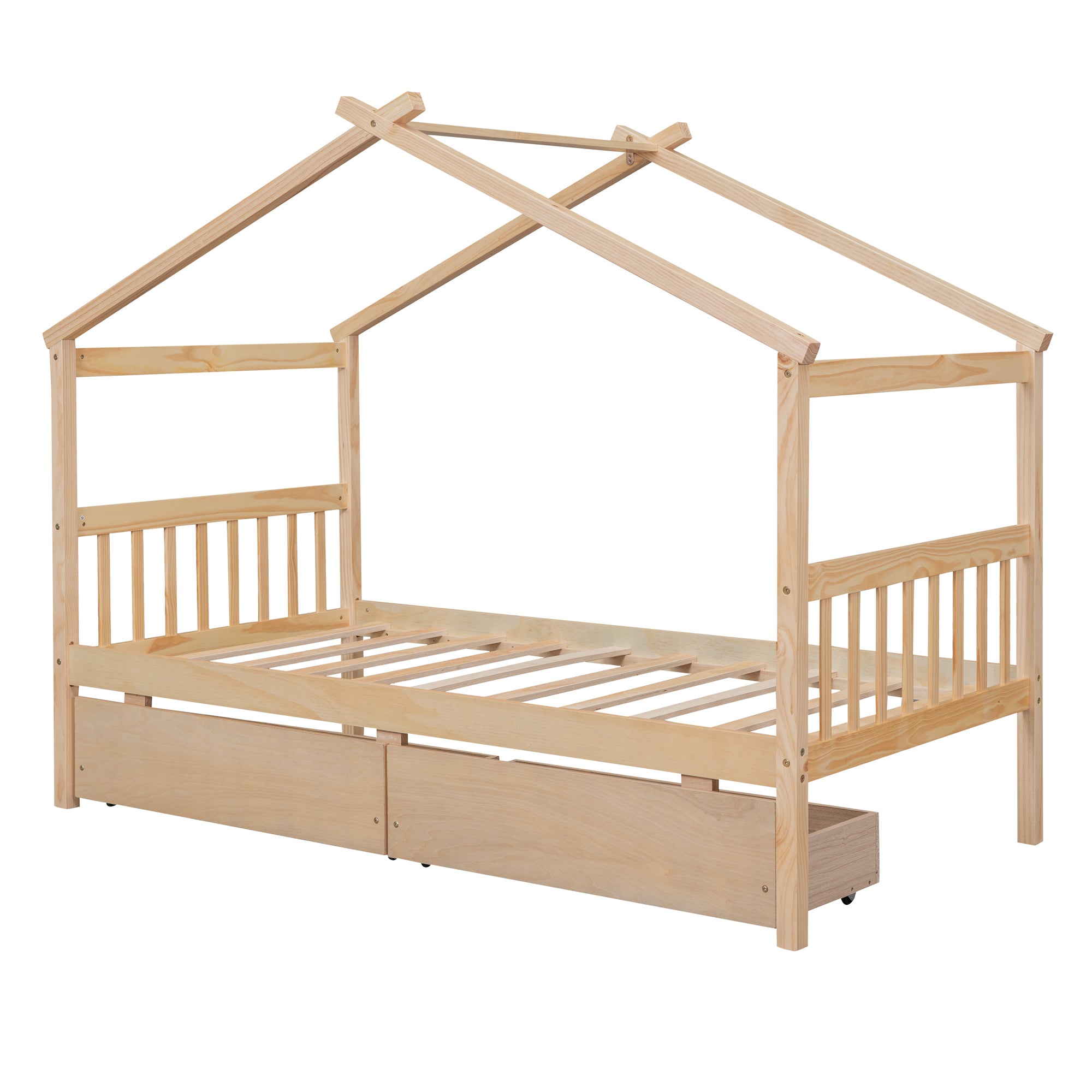 Twin Size Wooden House Bed with Drawers, Natural - Atlantic Fine Furniture Melbourne FL