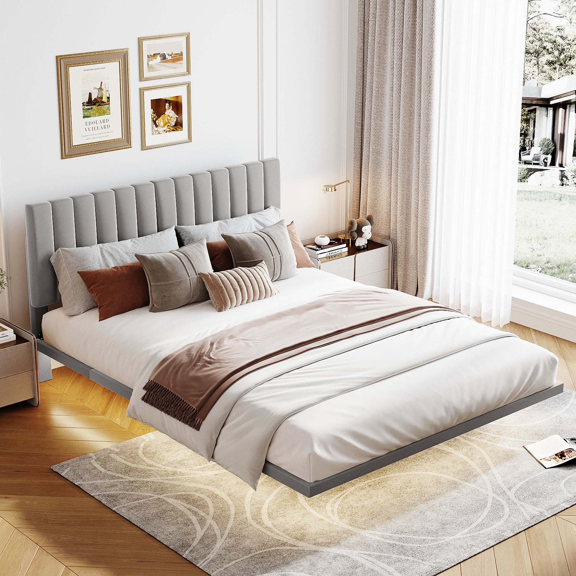 Queen Size Upholstered Bed with Sensor Light and Headboard, Floating Velvet Platform Bed, Gray - Atlantic Fine Furniture Melbourne FL
