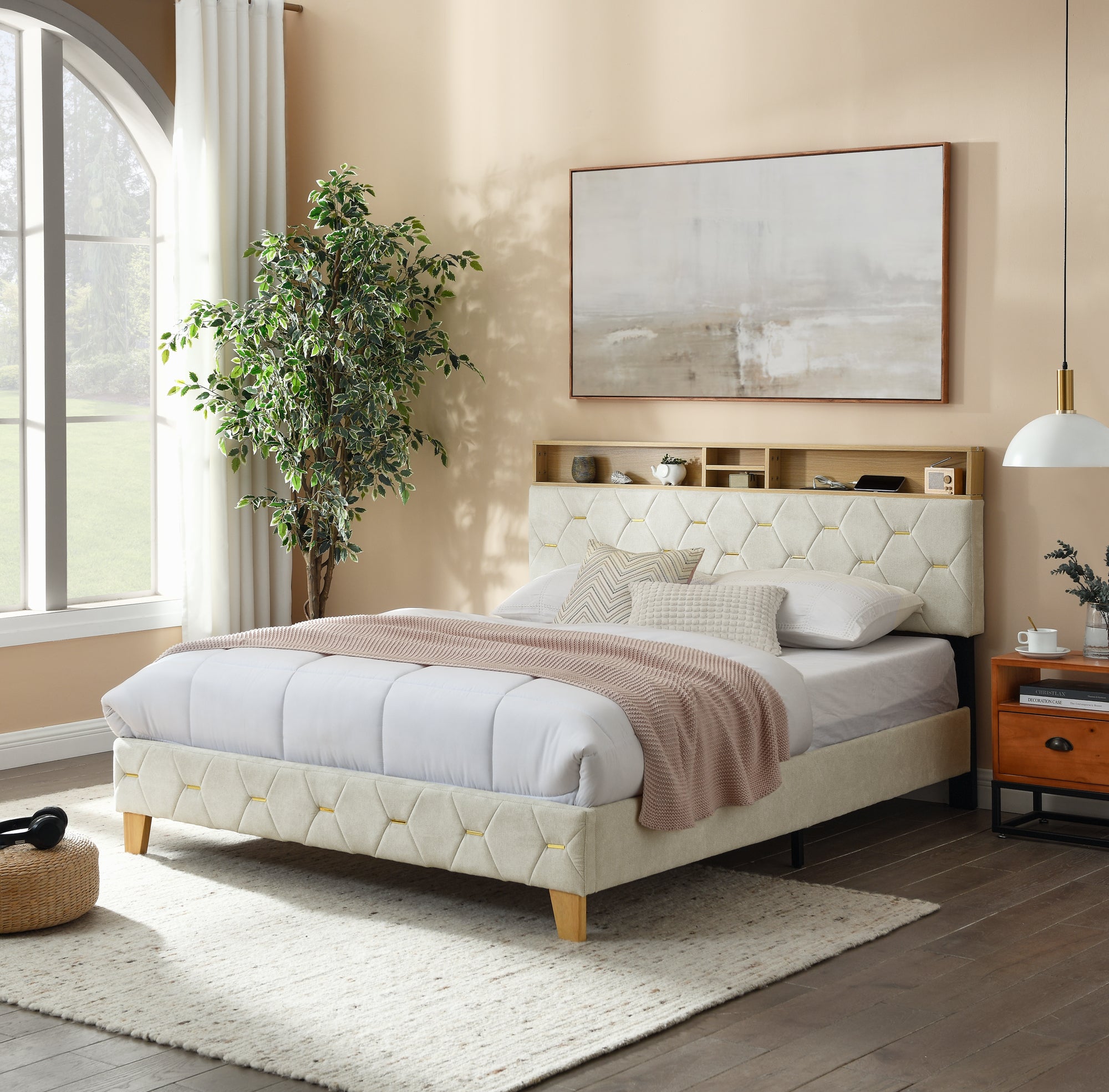 Queen Size Bed Frame, Shelf Upholstered Headboard, Platform Bed with Outlet & USB Ports, Wood Legs, No Box Spring Needed, Easy Assembly, Beige - Atlantic Fine Furniture Melbourne FL