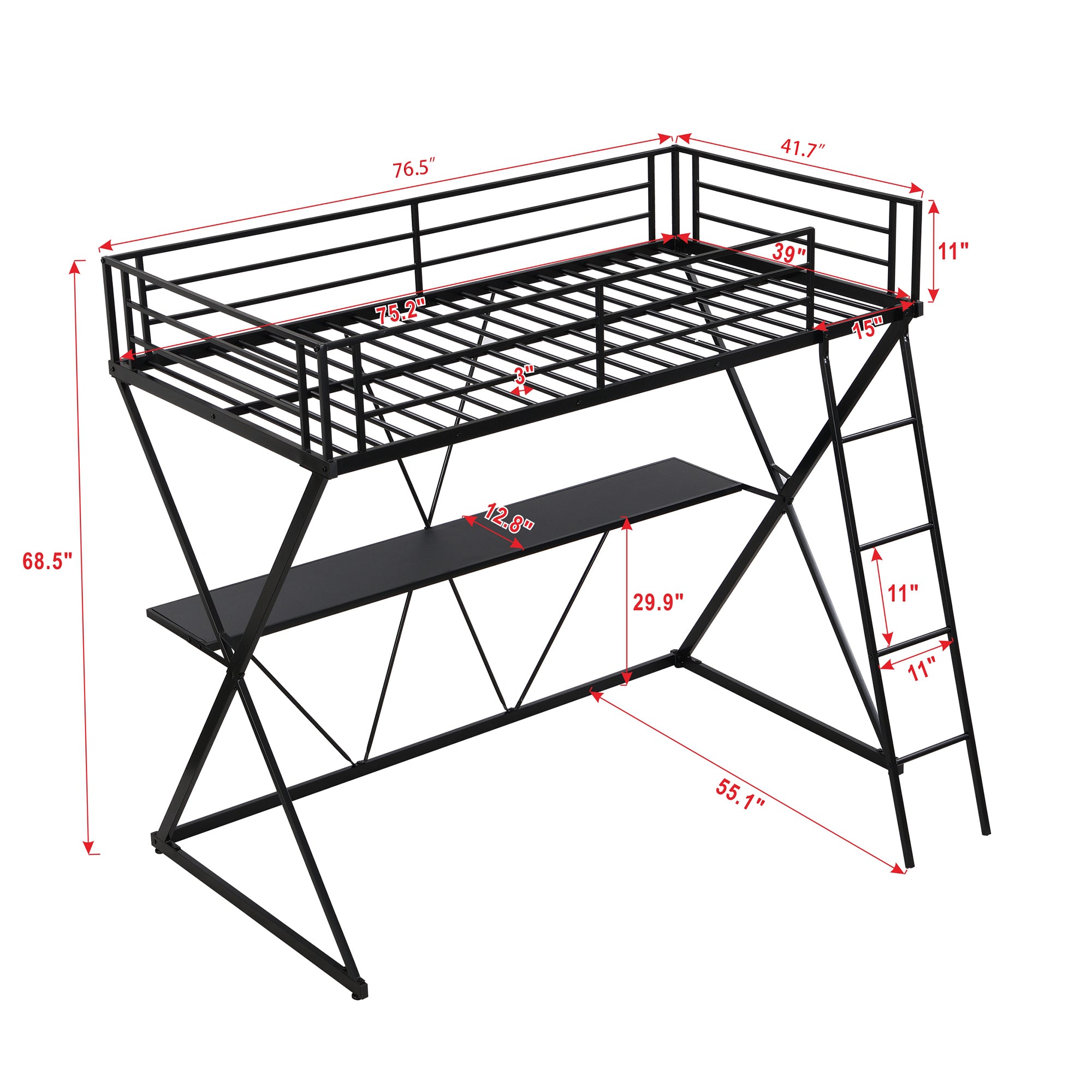 Twin Size Loft Bed with Desk, Ladder and Full-Length Guardrails, X-Shaped Frame, Black(Old SKU: MF297073AAB) - Atlantic Fine Furniture Melbourne FL