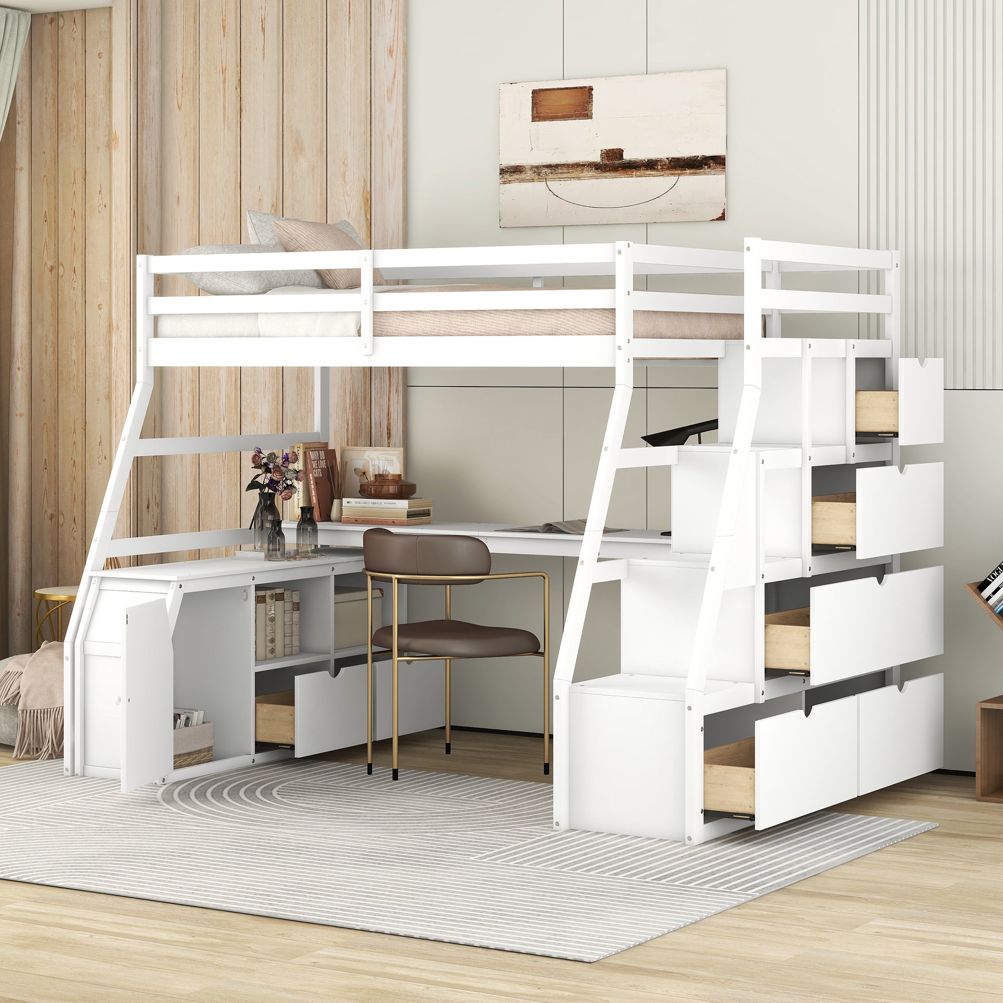 Twin Size Loft Bed with 7 Drawers 2 Shelves and Desk - White - Atlantic Fine Furniture Melbourne FL