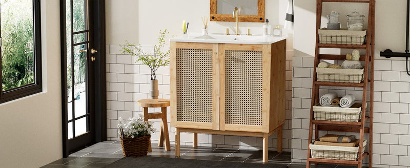 Bathroom Vanity Crafted From Natural Materials, Featuring Handmade Rattan Doors And Soft-Closing Mechanisms - Light Brown