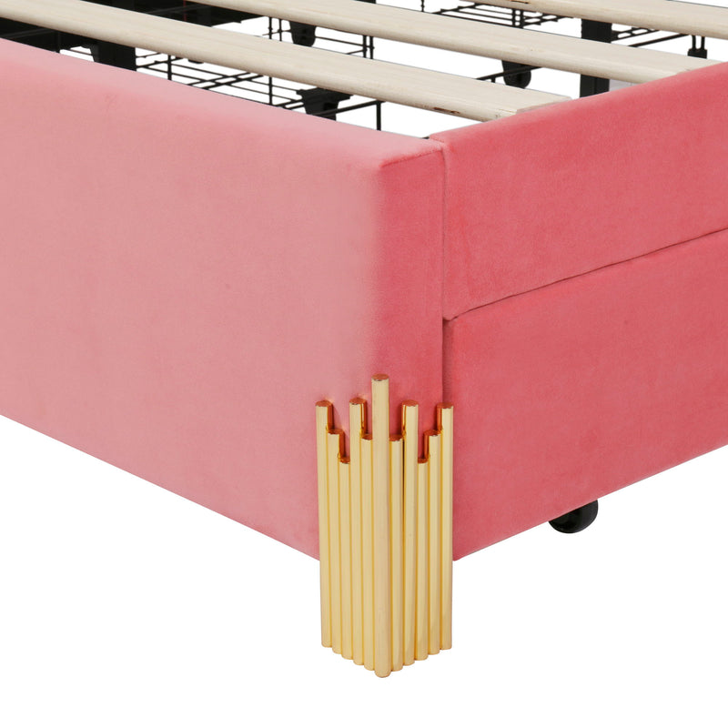 Queen Size Upholstered Platform Bed With LED Lights And 4 Drawers, Stylish Irregular Metal Bed Legs Design - Pink