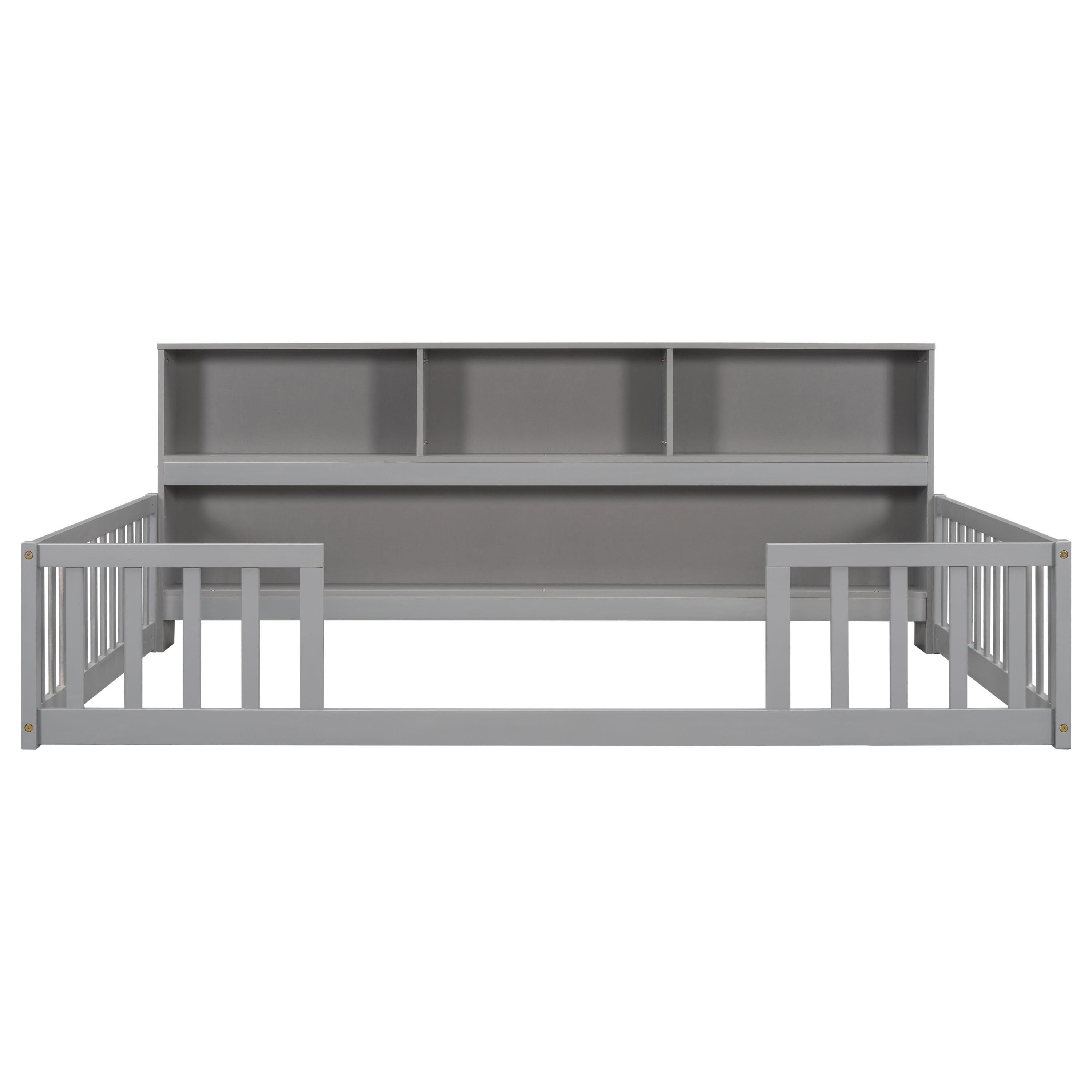 Full Floor Bed with Side Bookcase,Shelves,Guardrails,Grey