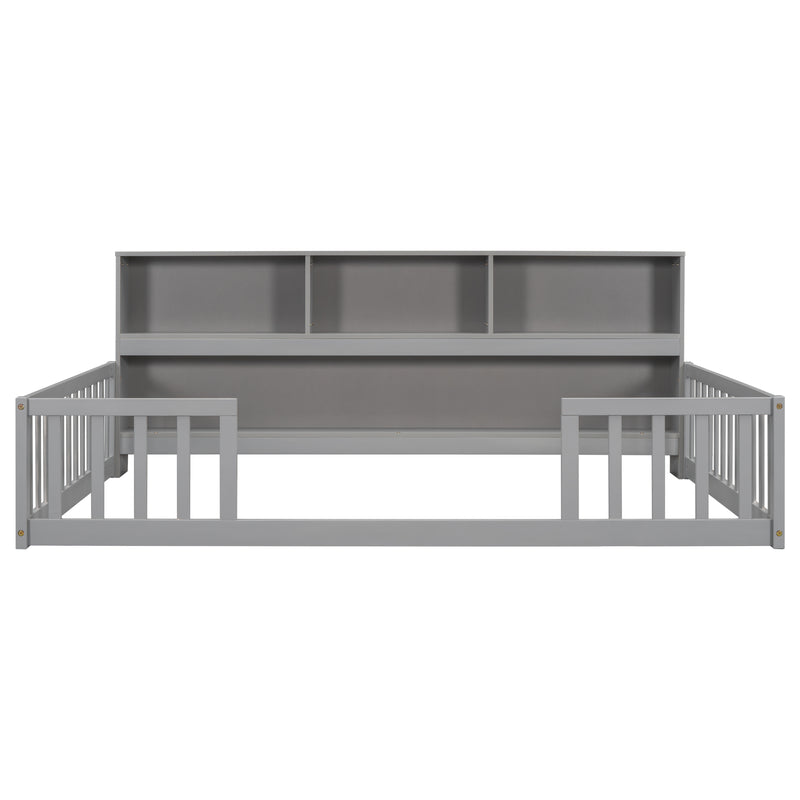 Full Floor Bed with Side Bookcase,Shelves,Guardrails,Grey