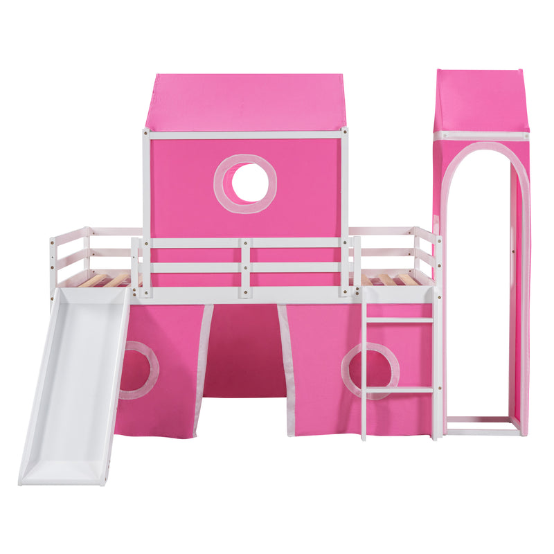 Twin Size Bunk Bed with Slide Pink Tent and Tower - Pink