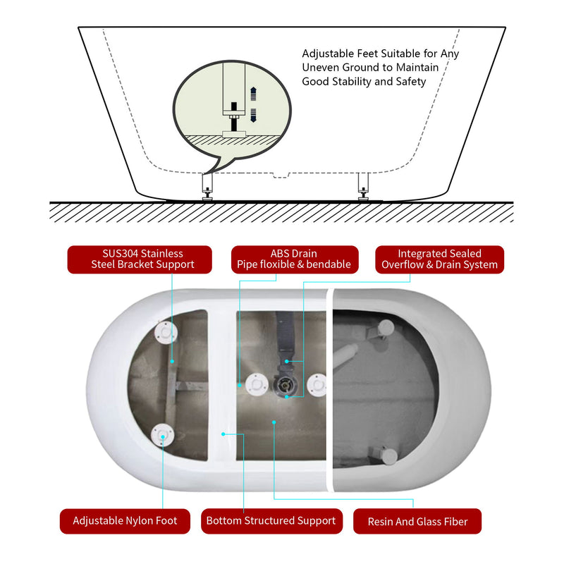 63" Shiny Acrylic Freestanding Soaking Bathtub With Chrome Overflow And Drain, Cupc Certified 22A09-63 - White