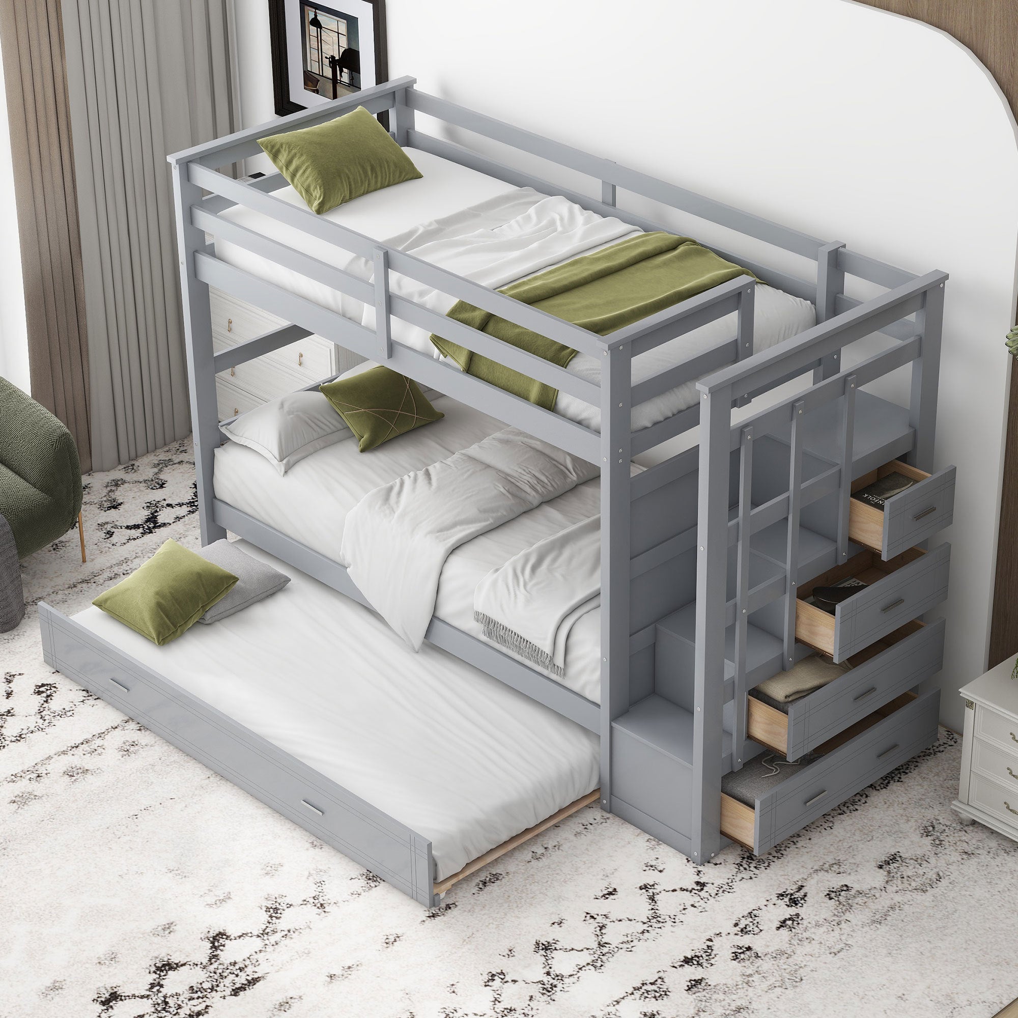 Twin Over Twin Bunk Bed with Trundle and Staircase,Gray(OLD SKU:LT000068AAE) - Atlantic Fine Furniture Melbourne FL