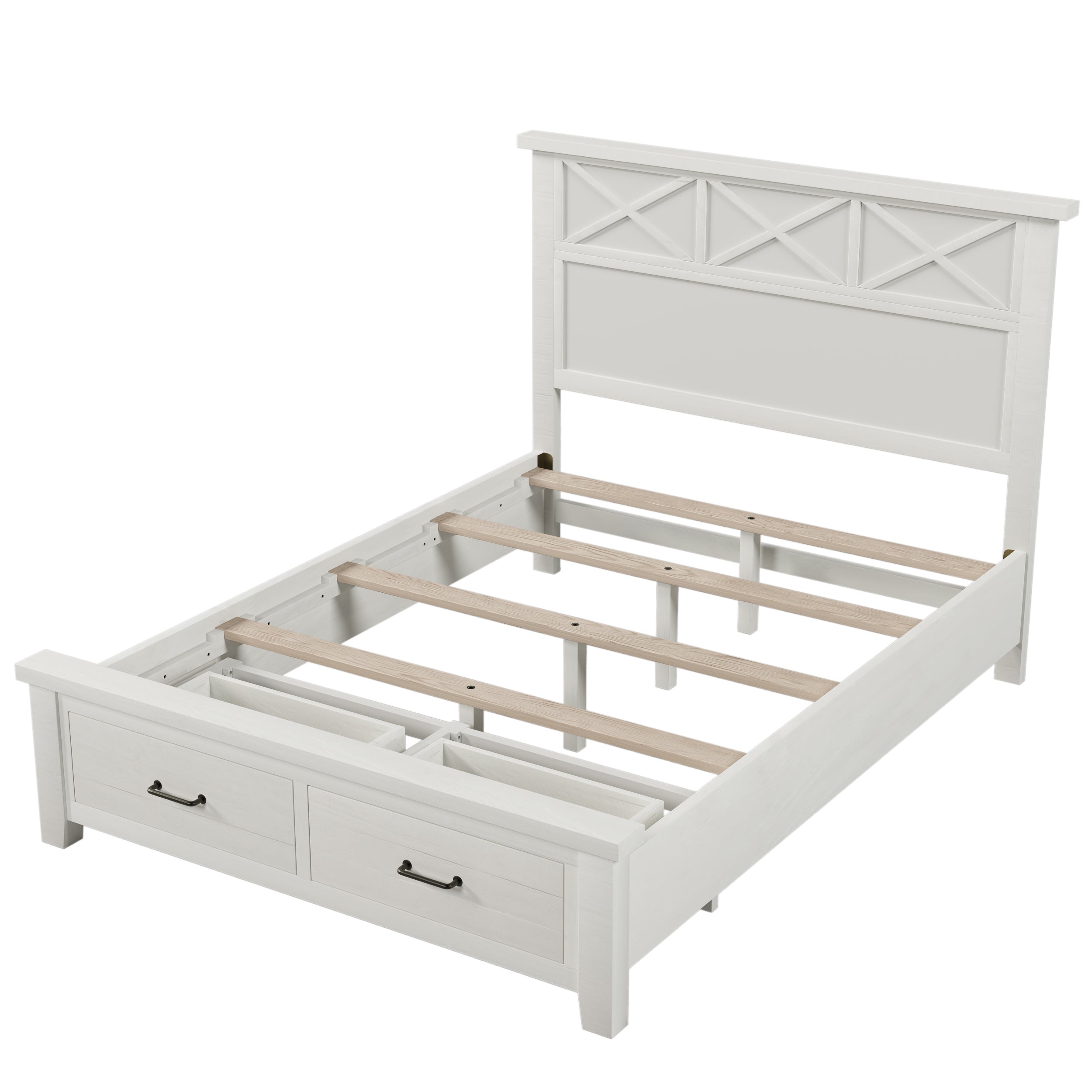 Rustic Farmhouse Style Whitewash Queen Storage Panel Bed with Two Drawers, White(old sku:BS301592AAK) - Atlantic Fine Furniture Melbourne FL