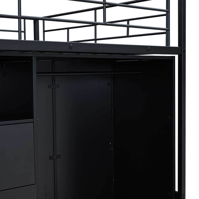 Full Size Metal Loft Bed with Drawers, Storage Staircase and Small Wardrobe