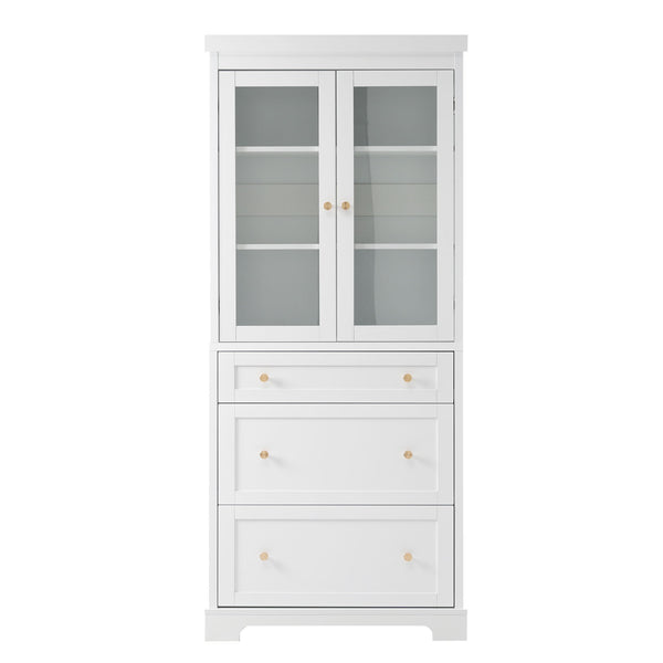 Freestanding Tall Bathroom Cabinet With 2 Adjustable Shelves, 3 Drawers, Soft Close Glass Doors - White