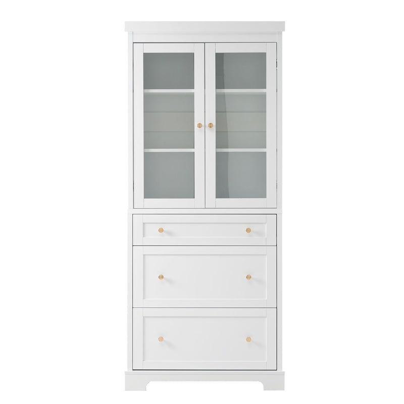 Freestanding Tall Bathroom Cabinet With 2 Adjustable Shelves, 3 Drawers, Soft Close Glass Doors - White