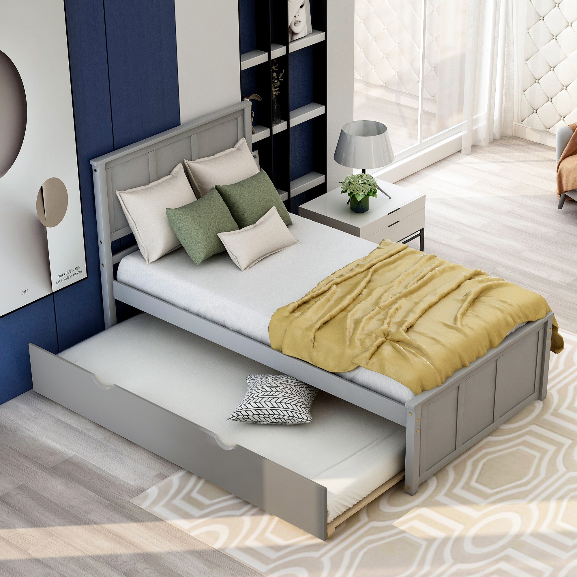 Platform Bed with Twin Size Trundle, Twin Size Frame, Gray - Atlantic Fine Furniture Melbourne FL