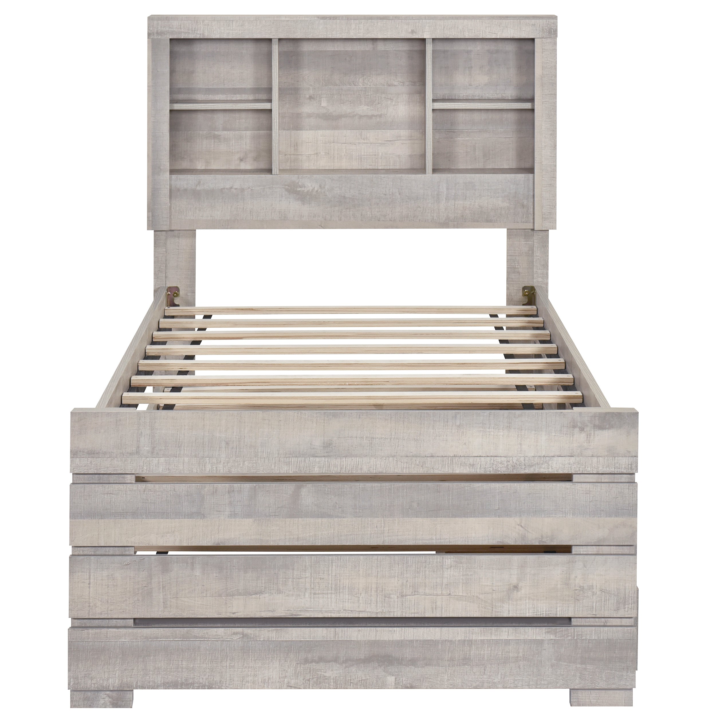 Farmhouse Style Twin Size Bookcase Captain Bed with Three Drawers and Trundle, Rustic White - Atlantic Fine Furniture Melbourne FL