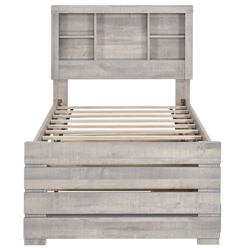 Farmhouse Style Twin Size Bookcase Captain Bed with Three Drawers and Trundle, Rustic White