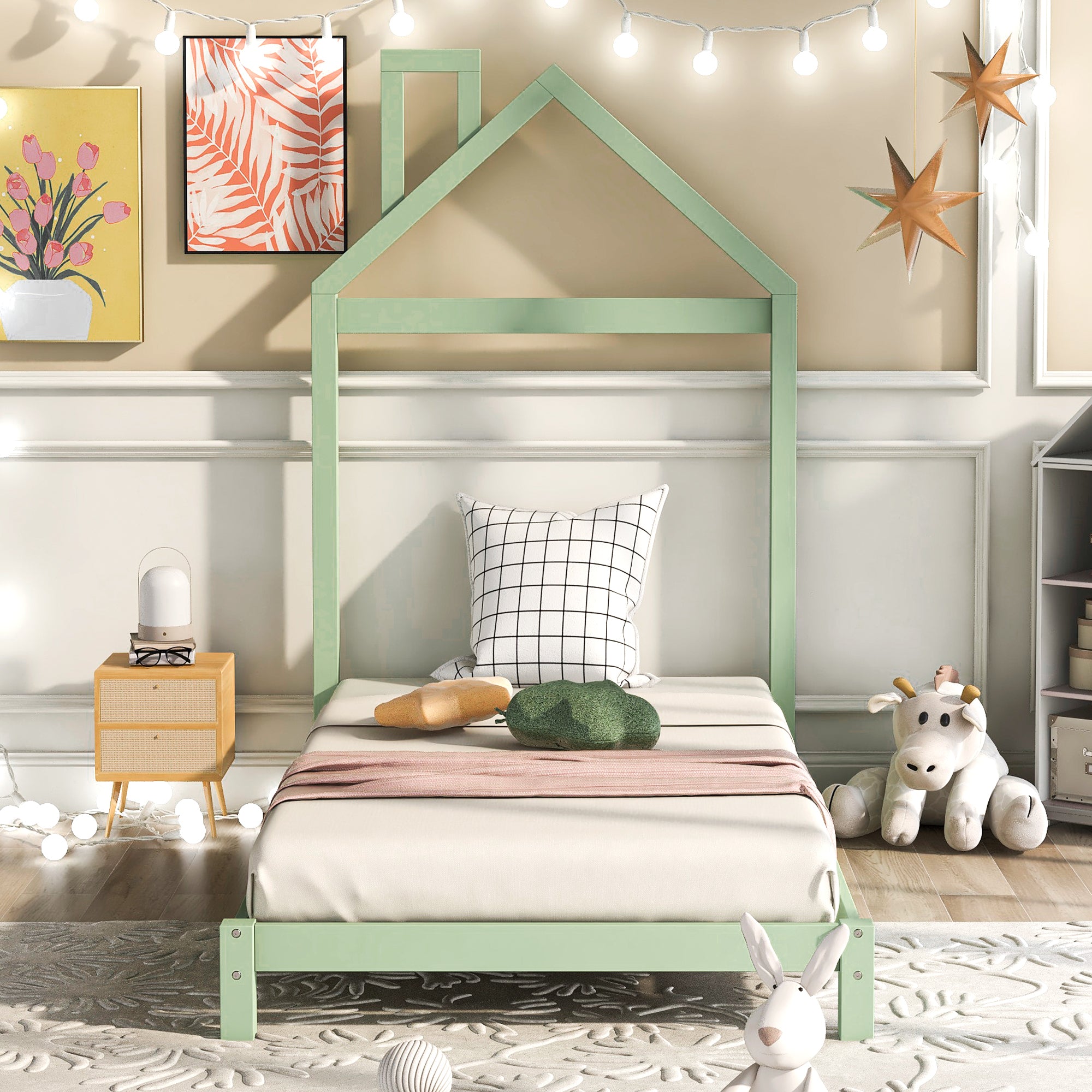 Twin Size Wood Platform Bed with House-shaped Headboard  (Green) - Atlantic Fine Furniture Melbourne FL