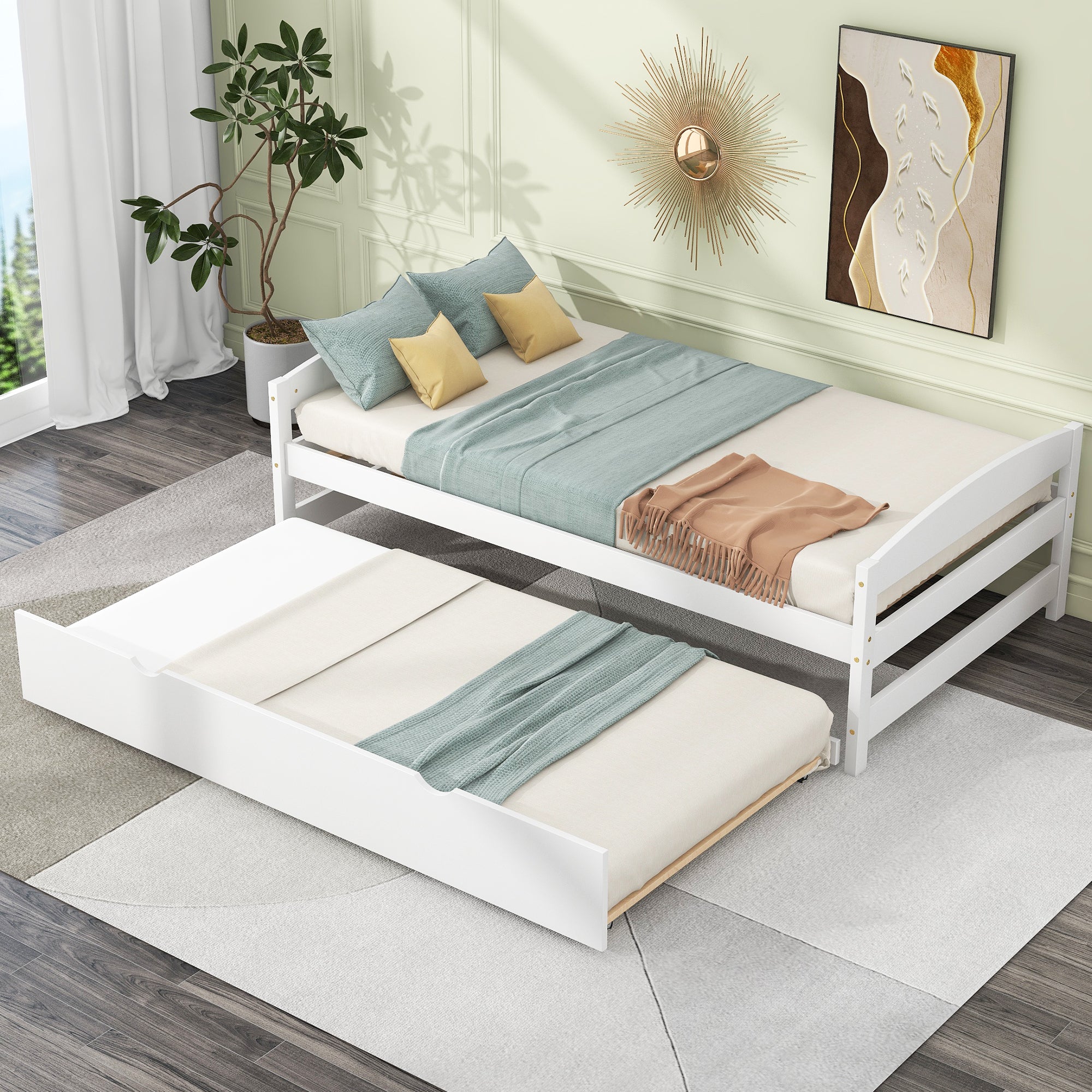 Twin Size Platform Bed with Twin Size Trundle, White - Atlantic Fine Furniture Melbourne FL