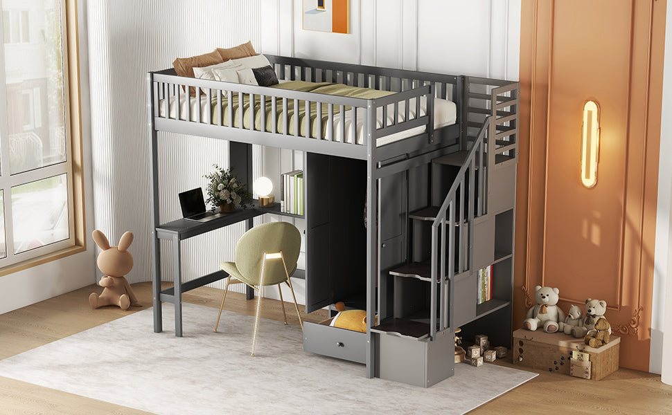 Twin size Loft Bed with Bookshelf,Drawers,Desk,and Wardrobe-Gray - Atlantic Fine Furniture Melbourne FL