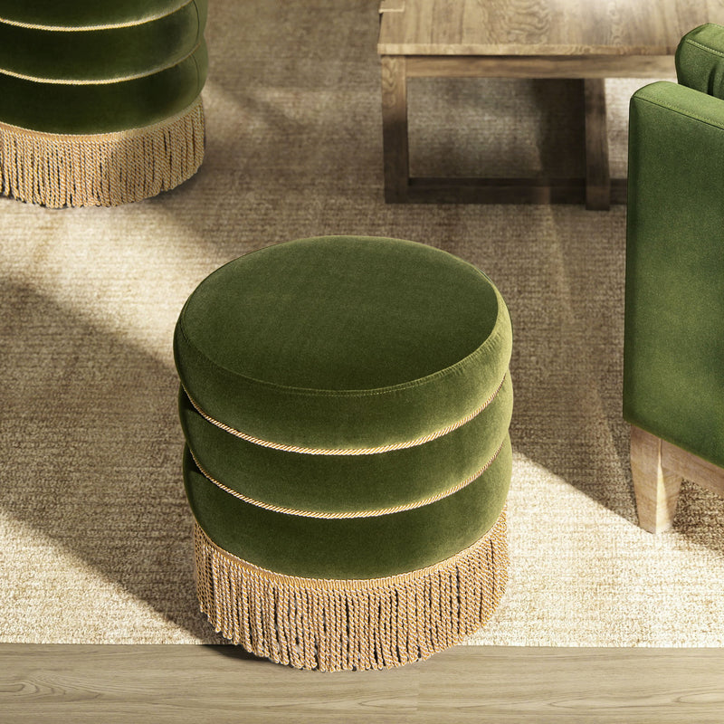 Edward - Round Upholstered Ottoman With Bullion Fringe - Olive Green