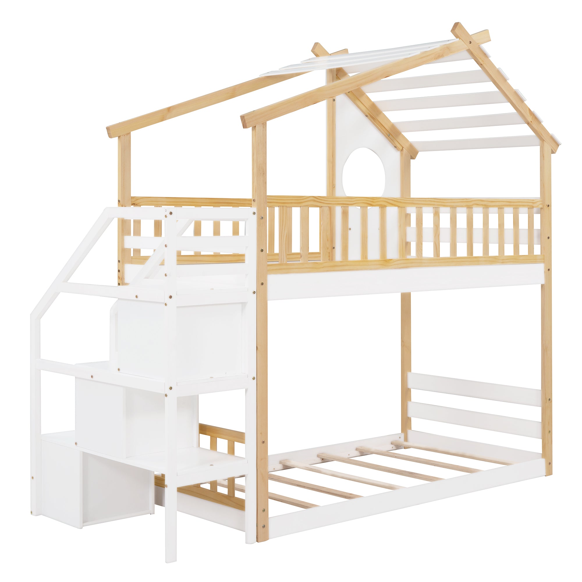 Stairway Twin-Over-Twin Bunk Bed,House Bed,Storage and Guard Rail,Natural Bed +White Stair(OLD SKU :LT000308AAK) - Atlantic Fine Furniture Melbourne FL