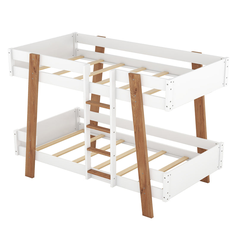 Wood Twin Size Bunk Bed with Built-in Ladder and 4 Wood Color Columns, White