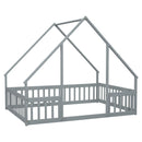 Wood House-Shaped Floor Bed With Fence, Guardrails