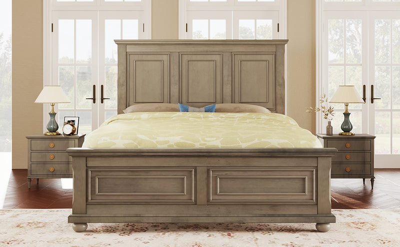 Traditional Town and Country Style Pinewood Vintage Queen Bed, Stone