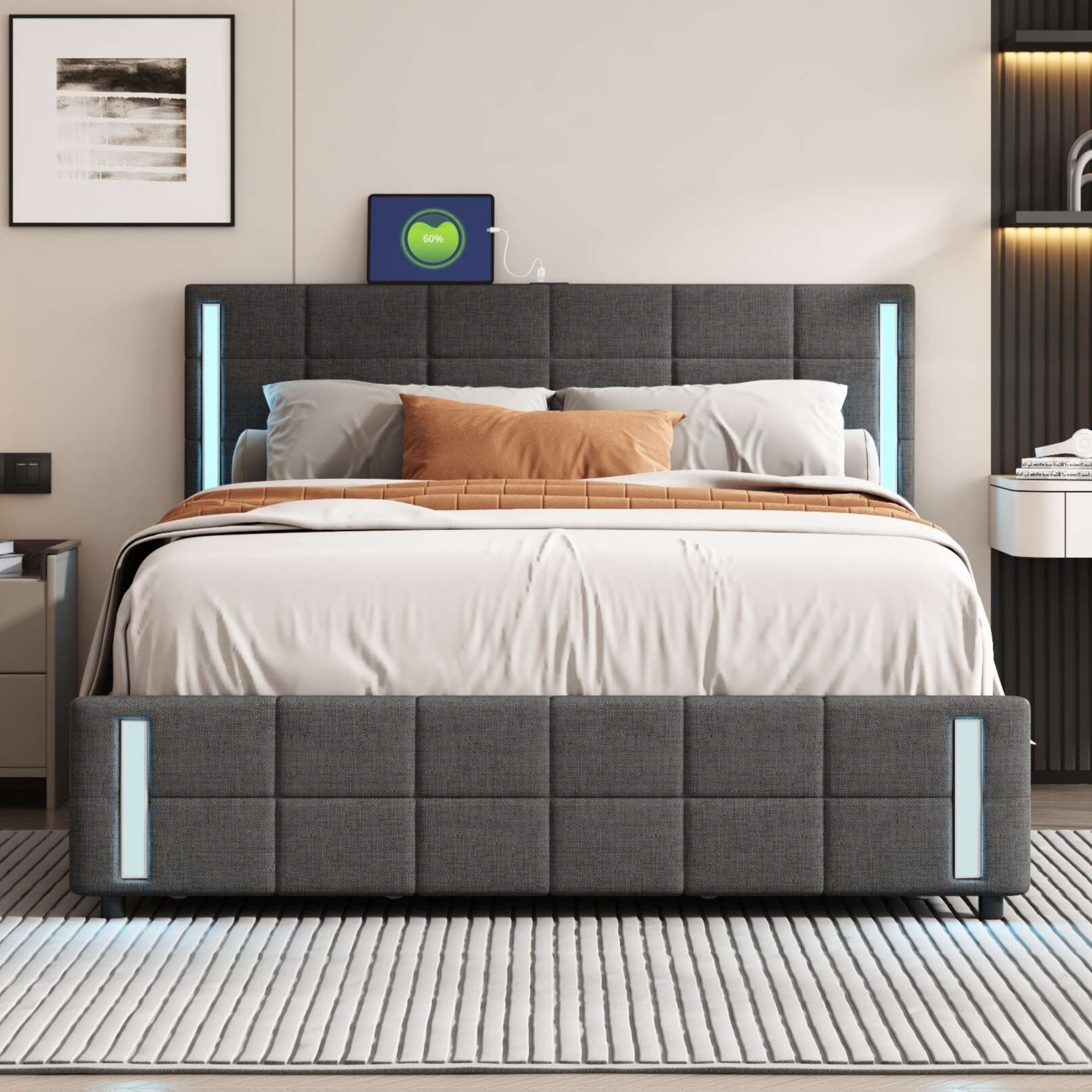 Queen Size Upholstered Platform Bed with LED Lights and USB Charging, Storage Bed with 4 Drawers, Gray(Linen) - Atlantic Fine Furniture Melbourne FL