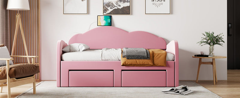 Upholstered Daybed With Cloud-Shaped Backrest, Trundle & 2 Drawers And USB Ports