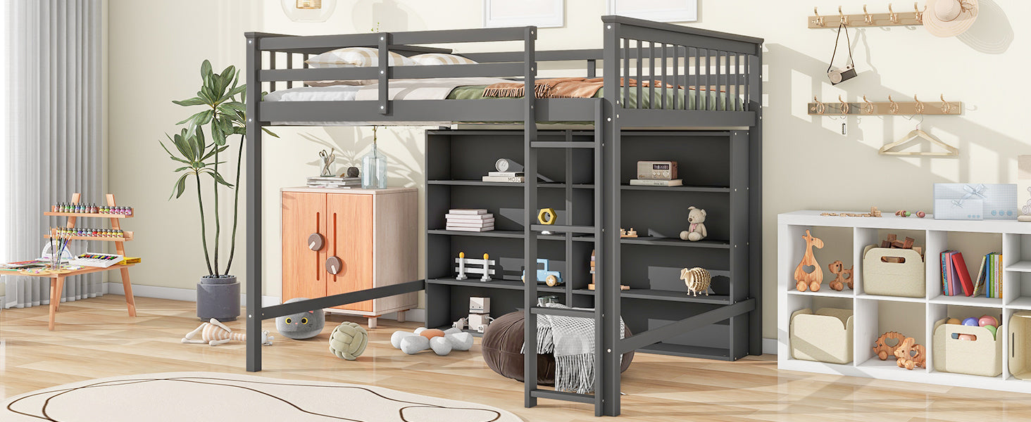 Full Size Loft Bed with 8 Open Storage Shelves and Built-in Ladder, Gray - Atlantic Fine Furniture Melbourne FL