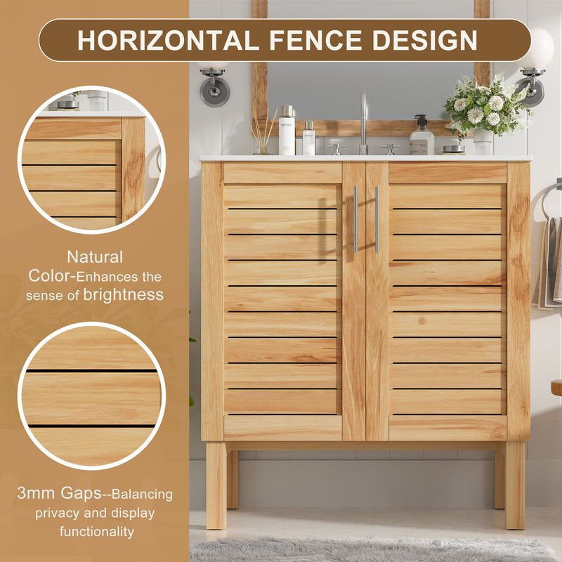 Bathroom Vanity With Ceramic Sink, Freestanding Cabinet - Antique Natural / Brown